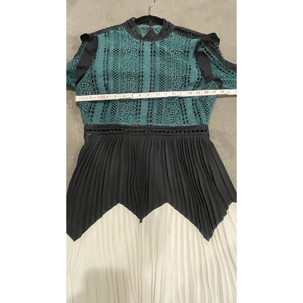 Self-Portrait Lace Pleated Midi Dress Green Black Ivory Long Sleeve US 8 UK 12 - Picture 7 of 12